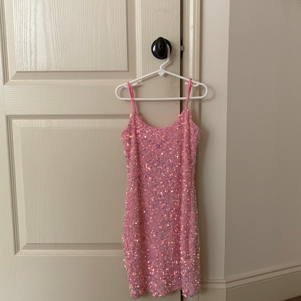 Lucy in the Sky Iridescent Sequin Bodycon Dress in Pink